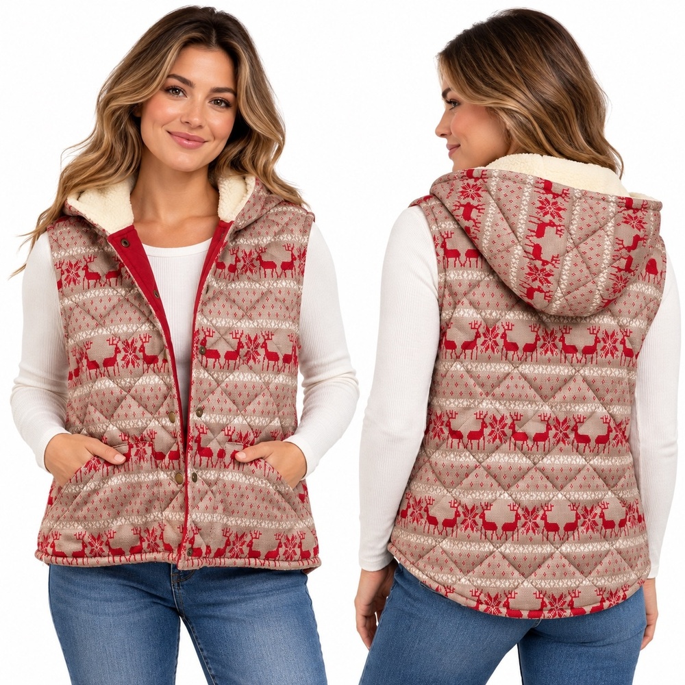Free People Vest Womens Large Red Fair Isle Hooded Quilted Reindeer Christmas